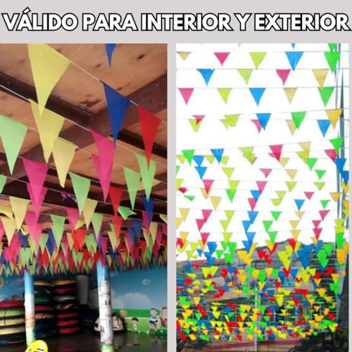 80 Metros,150 Banderines Fiesta Multicolor, tamaño 16x25 cm, Ideal para Celebraciones (cumpleaños, Fiestas...). Material sintético de Larga duración. Ideal para el Exterior de tu Negocio