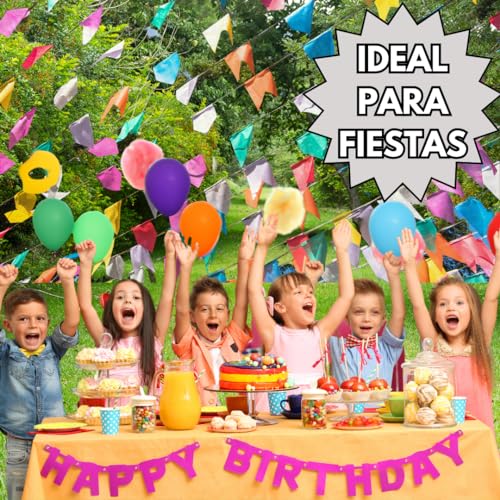 80 Metros,150 Banderines Fiesta Multicolor, tamaño 16x25 cm, Ideal para Celebraciones (cumpleaños, Fiestas...). Material sintético de Larga duración. Ideal para el Exterior de tu Negocio