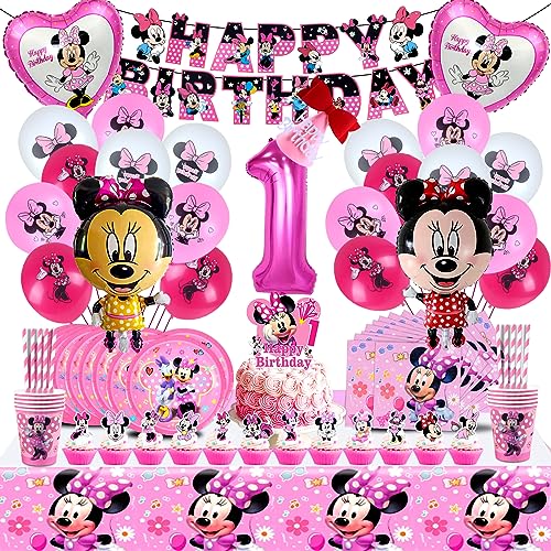 91 Piezas Decoracion Cumpleaños 1 Año Minnie, Globos Minnie Cumpleaños 1, Vajilla Cumpleaños Minnie 1 Año, Decoracion Fiesta De Minnie 1 Año, Decoracion Pastel Minnie, Juego De Vajilla De Cumpleaños