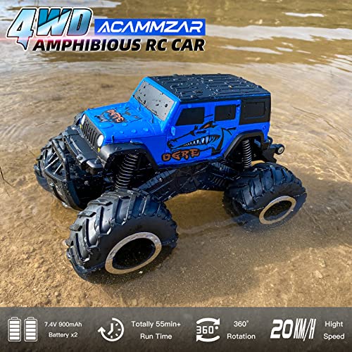 ACAMMZAR Anfibio Coche Teledirigido para niños, 2.4GHz 4WD 360° Rotación Impermeable Monster Truck para Niños Todo Terreno Off Road RC Coche con 2 Baterías 4 5 6 7 8 Niñas Regalos, Azul