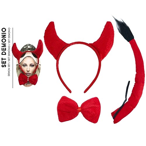 Acan Tradineur - Set de demonio, diablesa, incluye diadema, pajarita y cola, complementos de disfraces, carnaval, Halloween, cosplay, fiestas (Rojo, talla única, adulto)