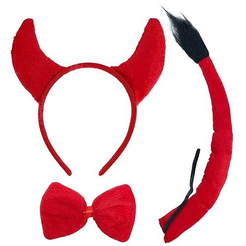 Acan Tradineur - Set de demonio, diablesa, incluye diadema, pajarita y cola, complementos de disfraces, carnaval, Halloween, cosplay, fiestas (Rojo, talla única, adulto)