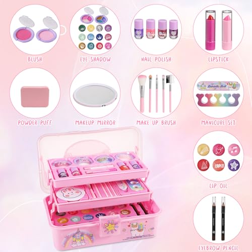 Aceshop Set de Maquillaje Infantil para Niñas, 39 Piezas Kit de Maquillaje Lavable No Tóxico Maquillaje Infantil Juguetes con Estuche de Cosméticos Niños Princesa Pretende Jugar Regalos de Juguete