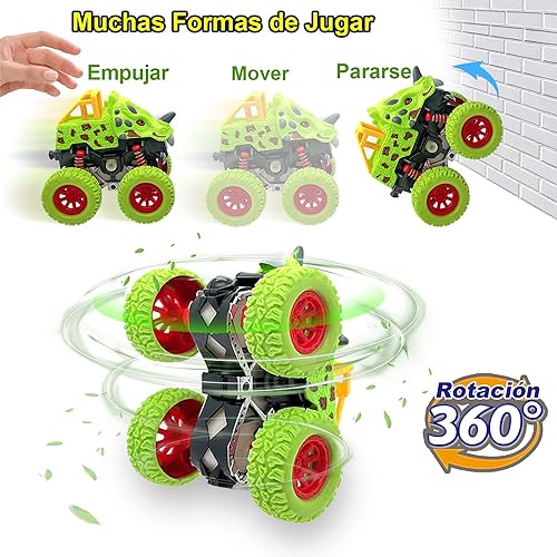 AESTEMON 2 Pack Coches de Juguetes con Impulsados Fricción, Dinosaurios Camion de Juguete Monster Truck para Bebe Regalo Niño de 2 3 4 5 Años