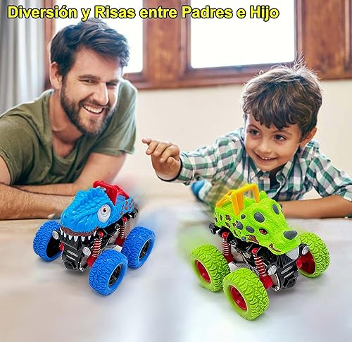 AESTEMON 2 Pack Coches de Juguetes con Impulsados Fricción, Dinosaurios Camion de Juguete Monster Truck para Bebe Regalo Niño de 2 3 4 5 Años