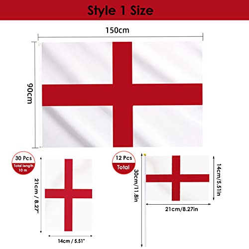 AhfuLife World Cup 2022 England St Georges - Juego de banderines de Inglaterra de 10 m, 12 banderas pequeñas de mano y 1 bandera de Inglaterra de 5 pies x 3 pies para decoración de fiesta (estilo 1)