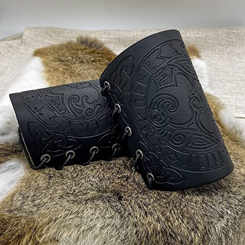 AHTCPO Vikingo Martillo de Thor Brazales Cuero, Hombres Nórdicos Medieval Guardias Caballero Arco Armadura, para Larp Halloween Cosplay Muñequera (Color : Thor Hammer Black, Size : 18X13cm)