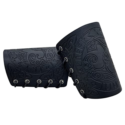 AHTCPO Vikingo Martillo de Thor Brazales Cuero, Hombres Nórdicos Medieval Guardias Caballero Arco Armadura, para Larp Halloween Cosplay Muñequera (Color : Thor Hammer Black, Size : 18X13cm)