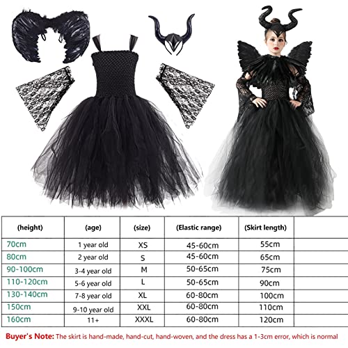 Ailopta Disfraces De Halloween para Niñas, Maléfica Bruja Malvada Disfraz De Reina Vestido De Tul De Punto con Cuerno Y Alas Negras Conjunto para Carnaval Niños Cosplay Traje De Fiesta