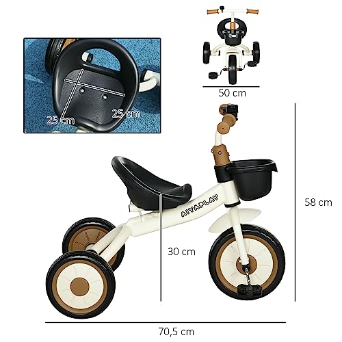 AIYAPLAY Triciclo para Niños de 2 a 5 Años Bicicleta Infantil con Asiento Ajustable Cesta Timbre Pedales y 3 Ruedas Carga 25 kg 70,5x50x58 cm Crema