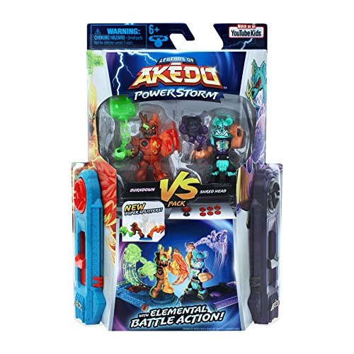 Akedo Leyendas Powerstorm Caja Duelo 2 Combatientes Miniaturas y 2 mandos de Combat Burndown VS Shred Head