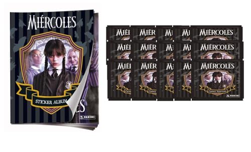 Album + 15 sobres, 5 cromos-pegatinas por sobre, de Miercoles - WEDNESDAY la colección de Miércoles addams