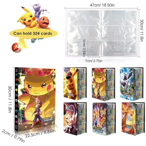 Álbum de Cartas, Álbum de Cartas Coleccionables, Álbum Colección Tarjetas, Álbumes Compatible con Cartas, 18 Páginas con capacidad para 324 cartas (Giant Pikachu)