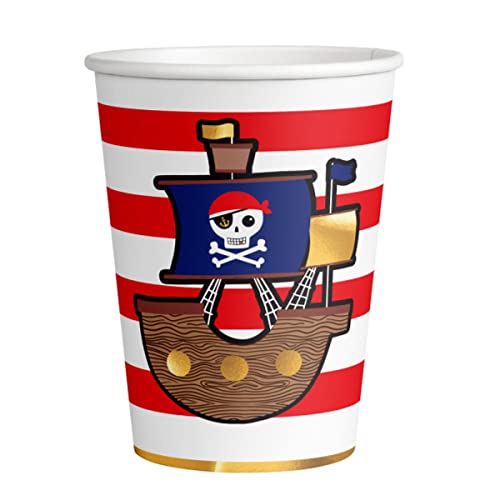 amscan 9909913-66 – Vasos con diseño de mapamundi pirata, 8 unidades, volumen de llenado 250 ml, papel, barco pirata, vasos de cartón, vasos de fiesta, vajilla desechable, cumpleaños infantiles