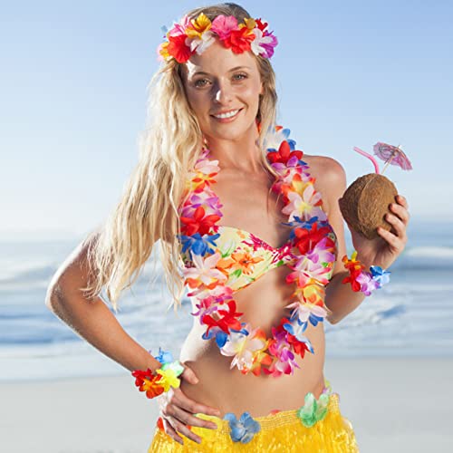 Amycute Fiesta Hula, Falda De Hula con Guirnaldas, Faldas De Hierba, Juego de 7 Hula Hawaiano para Porristas, Bodas, Cumpleaños, Disfraz de Adulto para Playa Luau Hawaii Party Accesorios