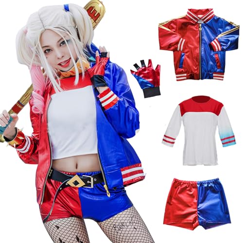 Amycute Quinn - Disfraz para mujeres y niñas, disfraz de Harley del Escuadrón Suicida, incluye chaqueta, camiseta, pantalones cortos, guante, Halloween, carnaval, cosplay, trajes de disfraces