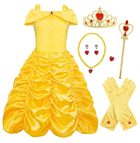 AmzBarley Vestido Princesa Belle Disfraz Niña Disfraces Cosplay Fiesta Cumpleaños Halloween Carnaval Niños Vestirse Amarillo 7-8 Años 130