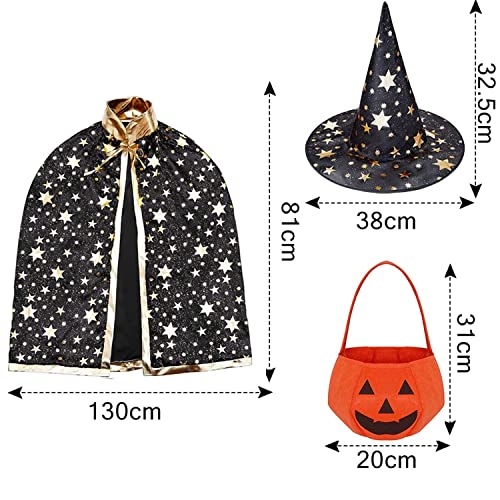 Anguxer Capa De Mago De Bruja De Halloween, Disfraz de Halloween para niños, Capa de Estrella con Sombrero, Bolsa de Caramelo de Calabaza, para Niños Niña Disfraz de Cosplay ​Fiesta (Negro)