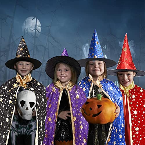 Anguxer Capa De Mago De Bruja De Halloween, Disfraz de Halloween para niños, Capa de Estrella con Sombrero, Bolsa de Caramelo de Calabaza, para Niños Niña Disfraz de Cosplay ​Fiesta (Negro)