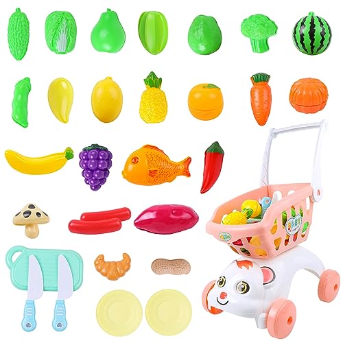 AnJeey Carro de la Compra Juguete de Alimentos cortables, Frutas y Verduras Juego de 29 Piezas para Juegos de rol y Juguete Educativo para niños