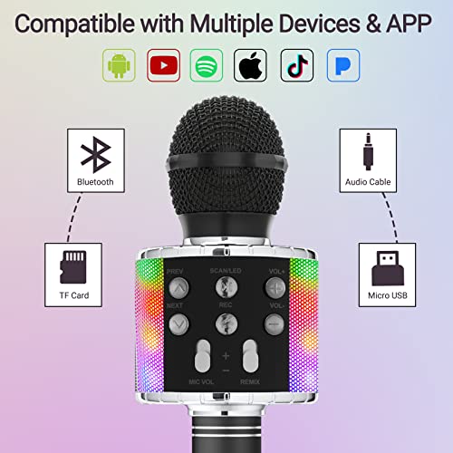 Ankuka Micrófono Karaoke Bluetooth Micrófono Inalámbrico Karaoke Micrófono Niña con Luces LED Regalo Juguetes para Niños Micrófono Cambiador de Voz, Compatible con Android, iOS, PC Negro