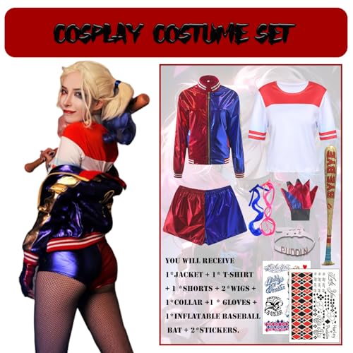 Ansamy Disfraz de Quinn para Niñas Mujer, Disfraz de Suicide Squad Escuadrón Cosplay Set - Camiseta Pantalones Chaqueta Guante, para Fiesta Halloween Carnaval