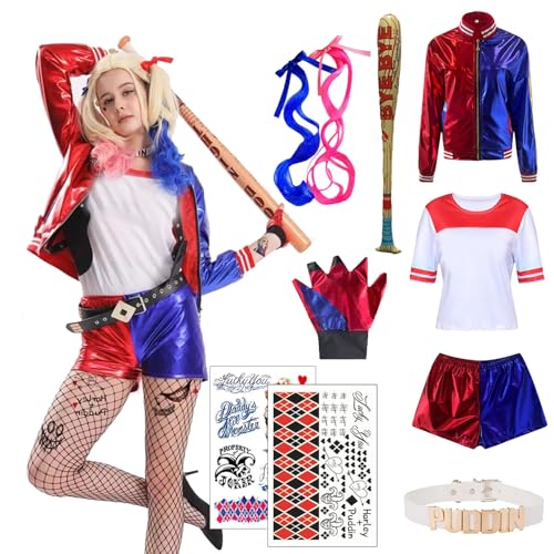 Ansamy Disfraz de Quinn para Niñas Mujer, Disfraz de Suicide Squad Escuadrón Cosplay Set - Camiseta Pantalones Chaqueta Guante, para Fiesta Halloween Carnaval