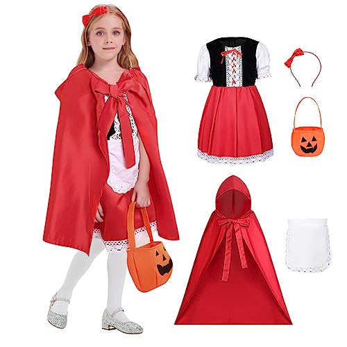 Aomig Disfraz Caperucita Roja Niña, Vestido De Caperucita Roja, Conjunto De Vestido Rojo, Capa, Tote Bag y Diadema, Adecuado para Halloween, Carnaval, Cosplay y Más (M)