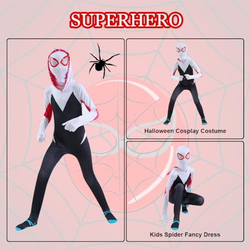 AOOWU Disfraz Spider Niña, 2pcs Disfraz Hombre Araña Niña con Araña Jumpsuit Impreso y Máscara, Disfraz Niña Carnaval de Estilo 3D Traje, Disfraz Halloween Niña para Cosplay Fiesta Cumpleaños Navidad