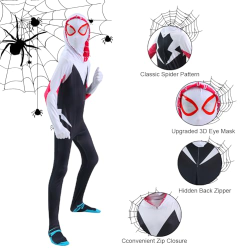 AOOWU Disfraz Spider Niña, 2pcs Disfraz Hombre Araña Niña con Araña Jumpsuit Impreso y Máscara, Disfraz Niña Carnaval de Estilo 3D Traje, Disfraz Halloween Niña para Cosplay Fiesta Cumpleaños Navidad