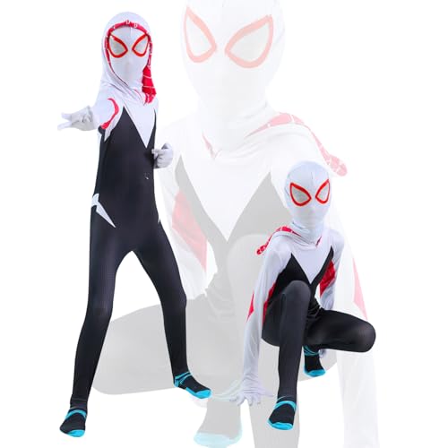 AOOWU Disfraz Spider Niña, 2pcs Disfraz Hombre Araña Niña con Araña Jumpsuit Impreso y Máscara, Disfraz Niña Carnaval de Estilo 3D Traje, Disfraz Halloween Niña para Cosplay Fiesta Cumpleaños Navidad