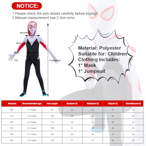 AOOWU Disfraz Spider Niña, 2pcs Disfraz Hombre Araña Niña con Araña Jumpsuit Impreso y Máscara, Disfraz Niña Carnaval de Estilo 3D Traje, Disfraz Halloween Niña para Cosplay Fiesta Cumpleaños Navidad