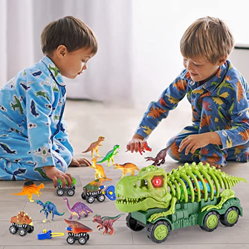 Aoskie Camión Transportador de Dinosaurio para niños 3 4 5 6 7 años, con Luz y Sonido, 4 Dinosaurios Juguetes Coches, 12 Mini Dinosaurio