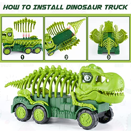 Aoskie Camión Transportador de Dinosaurio para niños 3 4 5 6 7 años, con Luz y Sonido, 4 Dinosaurios Juguetes Coches, 12 Mini Dinosaurio