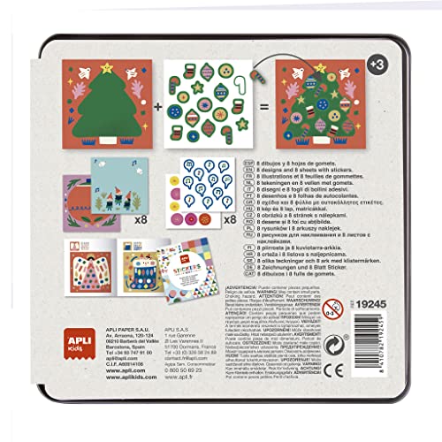 APLI Kids 19245 - Juego de pegatinas con formas en caja metálica modelo NAVIDAD - Juego de gomets temáticos para completar las ilustraciones