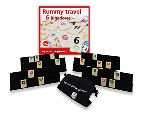 Aquamarine Games- Rummy Travel 6 Jugadores, Multicolor (DO004), de 7 a 9 años. & CP1070 - Ajedrez, Damas y Backgammon en Estuche