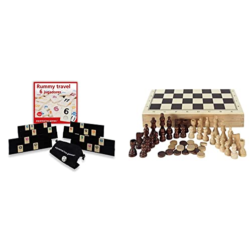 Aquamarine Games- Rummy Travel 6 Jugadores, Multicolor (DO004), de 7 a 9 años. & CP1070 - Ajedrez, Damas y Backgammon en Estuche