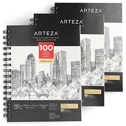 Arteza Cuaderno de bocetos con espiral A5 (14,8 x 21 cm), juego de 3, 100 g/m², 100 hojas sin ácidos, dientes finos en cada una, ideal para una variedad de medios secos, técnicas de práctica y