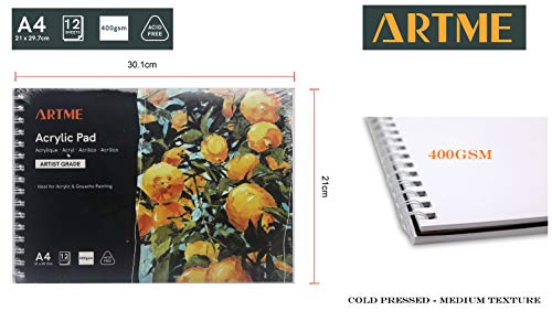 ARTME Almohadill/Papel para Acrílica A4 x 12 Hojas - 3pz 400g Extra Pesado/Prensado En Frío/Sin Ácido Medios Húmedos Y Secos - Bloc de Dibujo de Pintura Acrílica Y Gouache. (1 pieza)