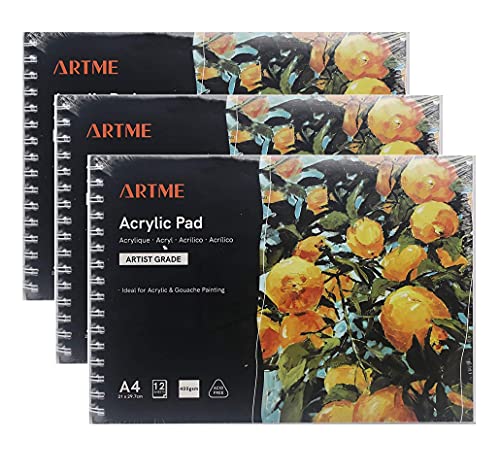 ARTME Almohadill/Papel para Acrílica A4 x 12 Hojas - 3pz 400g Extra Pesado/Prensado En Frío/Sin Ácido Medios Húmedos Y Secos - Bloc de Dibujo de Pintura Acrílica Y Gouache. (1 pieza)