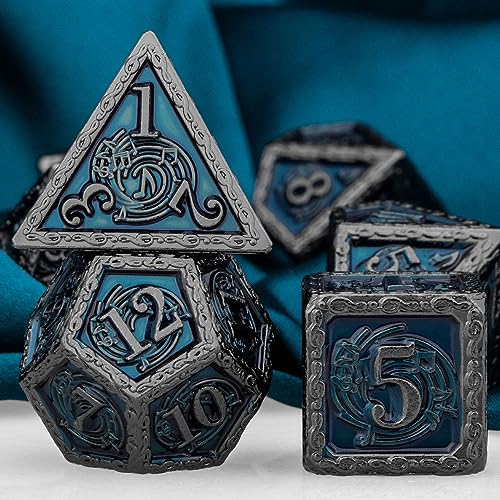 ARUOHHA Juego de dados de música DND con caja de regalo, juego de dados poliédricos de metal negro y azul Dungeons and Dragons D&D Dice RPG Juegos de rol D20 D12 D10 D8 D6 D4