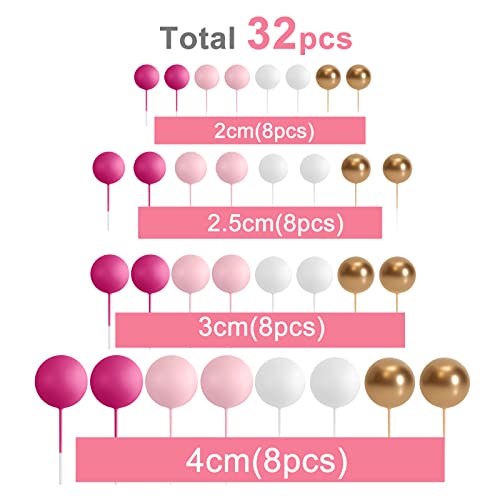 ASTARON 32 piezas de bolas para decoración de tartas, mini globos, palitos para decoración de tartas, bolas de espuma, púas para tartas para bodas, fiestas, cumpleaños (oro rosa)