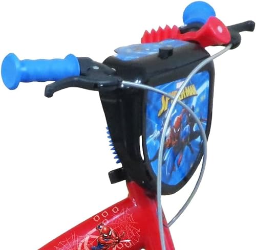 A.T.L.A.S. Bicicleta de 12 Pulgadas Equipada con 2 Frenos, Placa Frontal Decorativa, Guardabarros, cárter, estabilizadores y Casco Spiderman Incluido Delantera, Niños, Rojo idéntico a Las Fotos, 12''