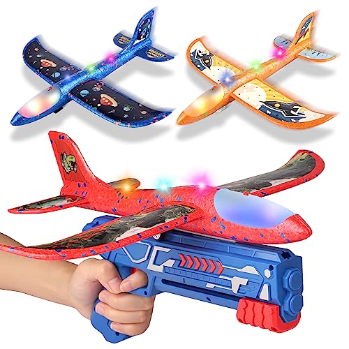 Avion de Juguete, Lanzador con Pistola de Tiro, 3 Piezas Aviones Espuma Poliespan Avion Corcho Planeador, Juegos Volador Aire Libre Regalos Navidad Cumpleaños para Niños 3 a 10 Años