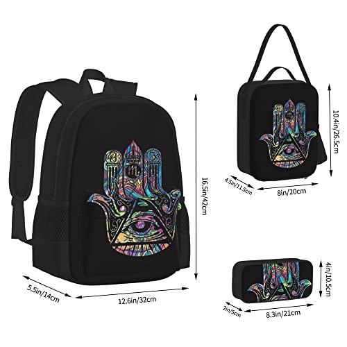 BAAROO Juego de mochila de 3 piezas, mochila escolar para estudiantes, adolescentes (Illuminati Fatima Hamsa All Seeing Eye) bolsa de libro+bolsa de almuerzo+estuche para lápices, color,