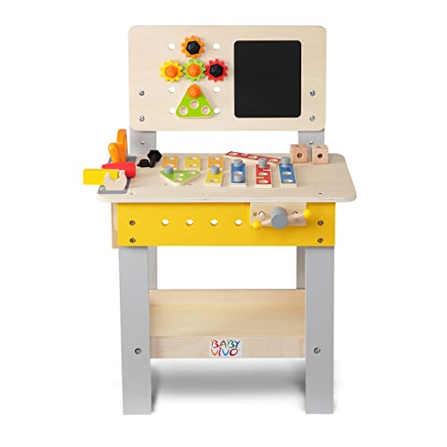 Baby Vivo Banco Carpintero de Madera para Niños - Banco de Herramientas Juego de rol - Altura Ajustable Pizarra para Pintar Juego de Construcción Creativo Banco Carpintero de 39 Piezas - Bob