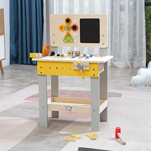 Baby Vivo Banco Carpintero de Madera para Niños - Banco de Herramientas Juego de rol - Altura Ajustable Pizarra para Pintar Juego de Construcción Creativo Banco Carpintero de 39 Piezas - Bob