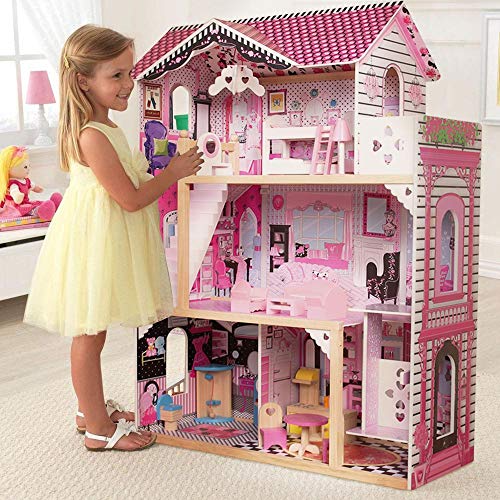 BAKAJI Casa de muñecas Juguete para niños Fabricada íntegramente en Madera de 3 Pisos, 4 Habitaciones cuidadosamente cuidadas en Cada Detalle con Muebles y Accesorios de Juego - 88 x 33 x 118 cm