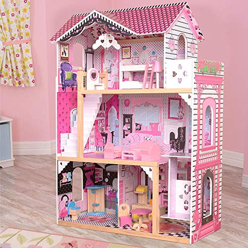 BAKAJI Casa de muñecas Juguete para niños Fabricada íntegramente en Madera de 3 Pisos, 4 Habitaciones cuidadosamente cuidadas en Cada Detalle con Muebles y Accesorios de Juego - 88 x 33 x 118 cm