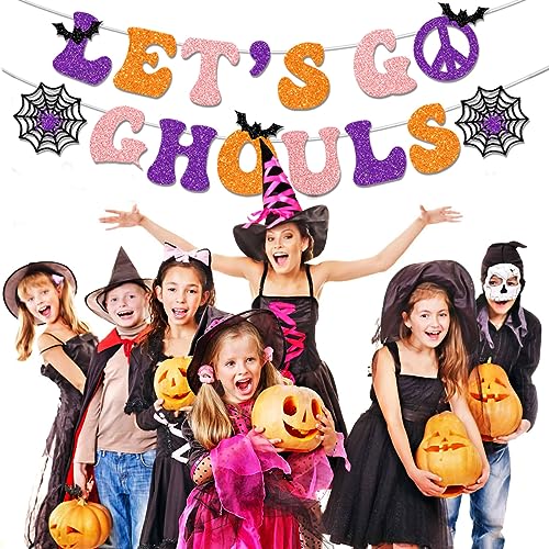 Banner de Halloween, Halloween Decoraciones Con "LET'S GO GHOULS", Halloween Banner Colgando Signo, Halloween Adornos de Fiesta de Terror de, para la Decoración al Aire Libre en Interiores